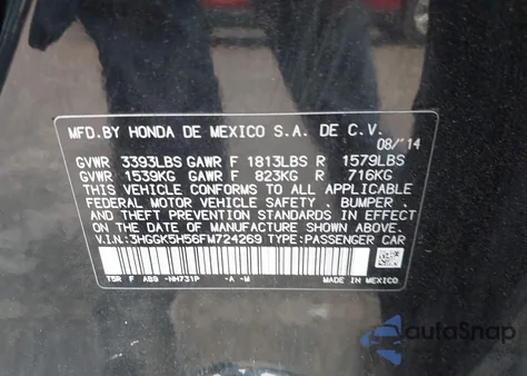 2015 Honda Fit Lx из США, поврежденный, VIN 3HGGK5H56FM724269